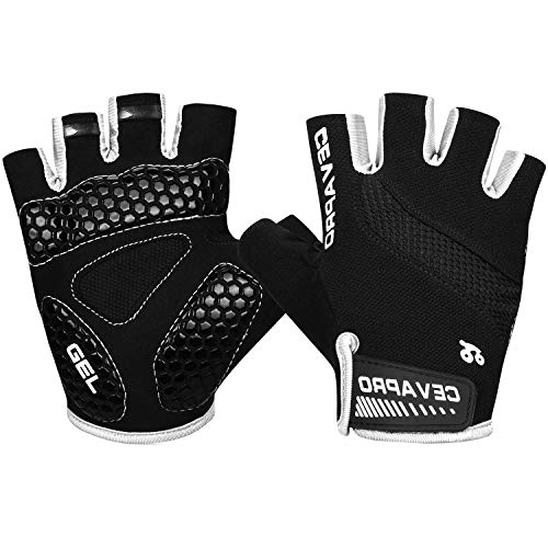 Cevapro Guantes de ciclismo para hombre y mujer, de gel, amortiguación, transpirables, antideslizantes, ideales para ciclismo, mountain bike, descenso o senderismo (negro, S)