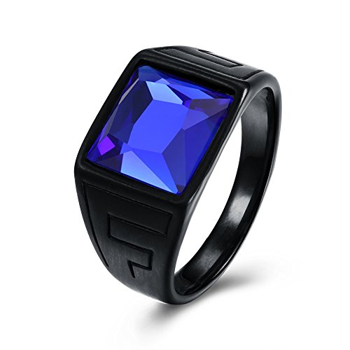 ENYU Anillo de Hombre, Joyería Anillo de Titanio Negro de Estilo Europeo para Hombre, Anillos de Compromiso Plateado con Pistola de Zirconia cúbica Azul Creado con Corte