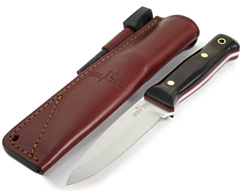 JEO-TEC Nº18 - Cuchillo Supervivencia Caza Monte bushcraft Camping Outdoor Campo - Funda de Piel con pedernal - Acero Sandvik 12c27 - Fabricado en España