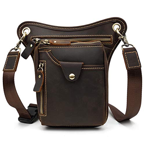 LUUFAN Mens Cuero Genuino Multi-propósito Gota de Pierna Bolsa Moto Jinete Cintura Bolsa De Cadera Bum Pack Bandolera (Brown1)