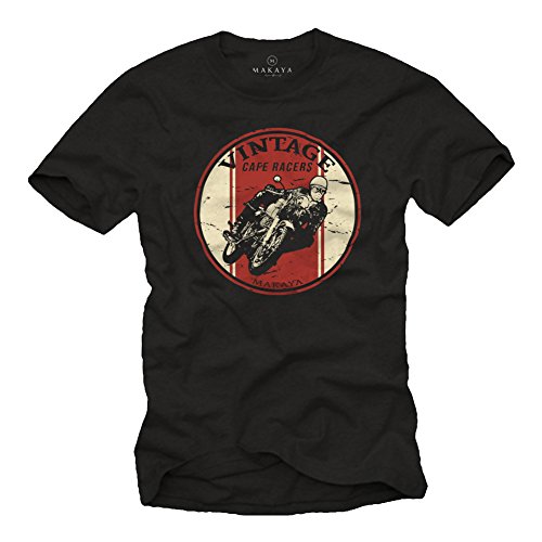 MAKAYA Ropa Motorista Hombre - Vintage Cafe Racer - Camiseta Moto Negra XL