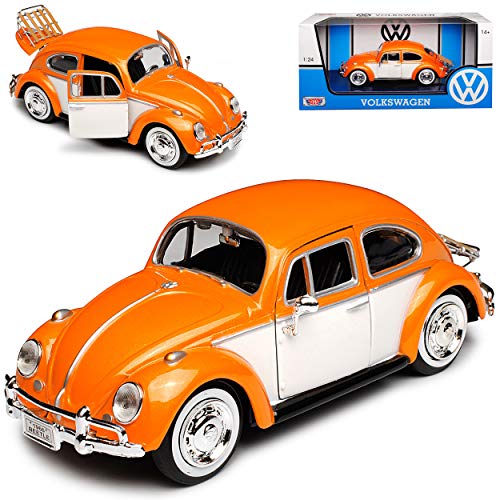 Motormax Volkwagen Käfer Coupe Coupe Naranja con Beige y Soporte Maleta 1/24 Modelo Auto