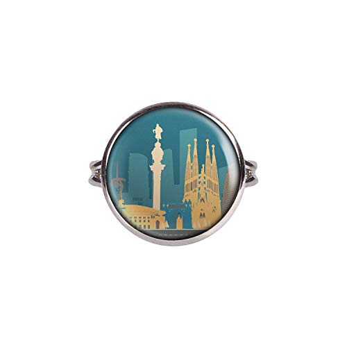 Mylery Anillo con Motivo Skyline Barcelona España Sagrada Familia Madonnina Plata 16mm