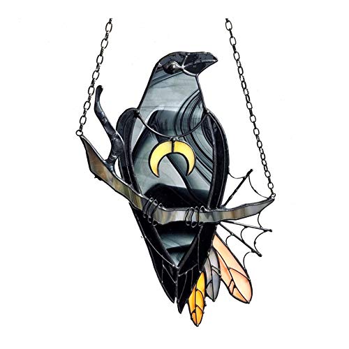 Sailsbury cuervo bruja moteada atardecer, pájaro negro con luna, collar decorativo para ventana, patio, jardín, decoración de pared, 15 x 20 cm, artículo decorativo