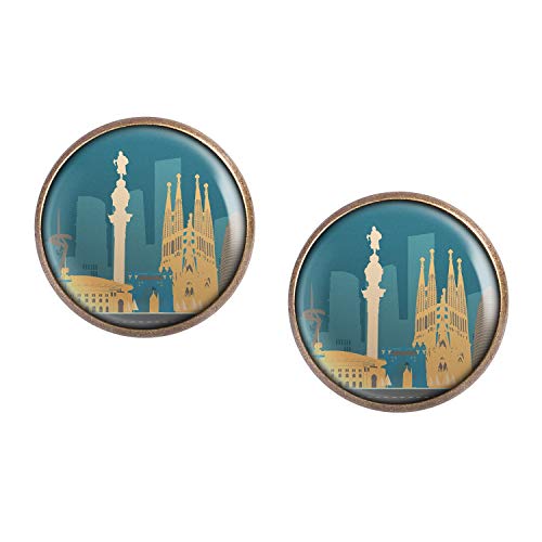 Studs par con motivo Skyline Barcelona España Sagrada Familia Madonnina bronce 16mm