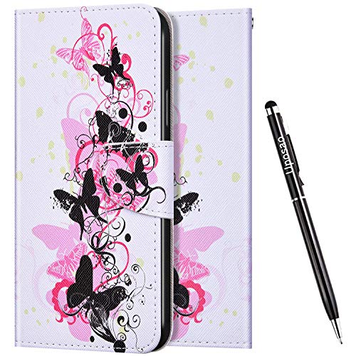 Uposao Funda para iPhone 11,Dibujo Carcasa Funda de Cuero con Tapa Cierre Magnético y Ranuras para Tarjetas y Función de Soporte Libro Flip Funda iPhone 11,Mariposa Rosa Negra