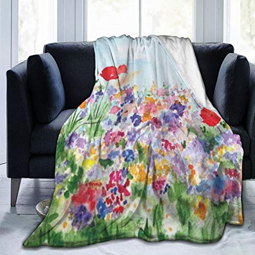 AIKIBELL Manta de Microfibra Ultra Suave,Acuarela Flor Floral jardín de Verano con césped y Flores Amor,Decoración para el hogar,cálida Manta para sofá Cama,50"X40"