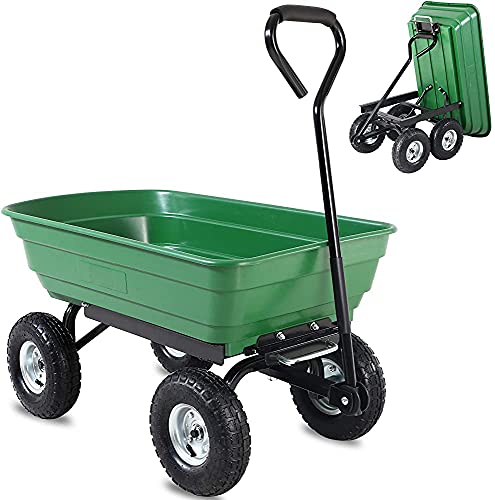 Carro de jardín de plástico con función de inclinación, eje de dirección, neumático neumático, carrito de transporte, camión volquete, camión volquete, carrito de transporte, carro de jardín,Green