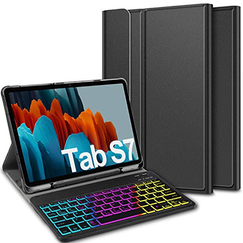 ELTD Teclado Estuche para Samsung Galaxy Tab S7 (SM-T870/875) 11 Pulgada，[Español, con la tecla (ñ)], Teclado inalámbrico 7 Colores Cubierta de Teclado retroiluminada de Tres particiones, (Negro)