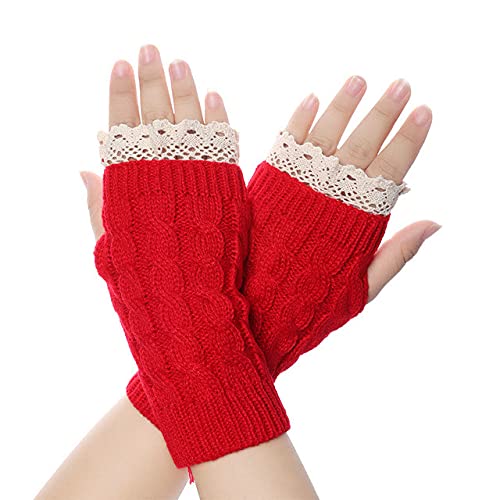 Guantes Largos de Punto sin Dedos Guantes cálidos Suaves de Lana de Invierno para Mujer Guantes de Dedo de Punto de Encaje para niñas Guantes - Rojo