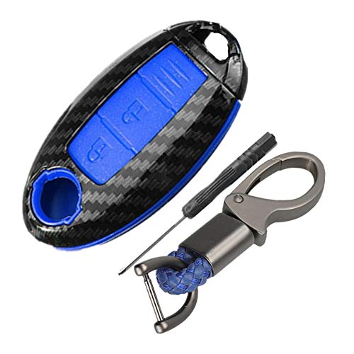 Happyit ABS Fibra de Carbon Cáscara + Silicona Funda para Llave de Coche Llavero para Nissan 350Z Qashqai J10 J11 X-Trail t31 t32 Patadas Tiida Pathfinder Murano Note Juke 3 Botones (Azul)