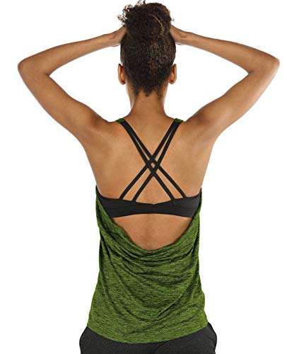 icyzone Camiseta de Fitness Deportiva de Tirantes para Mujer Cruzado-Cruzado 2 en 1 Chaleco Deportivo (S, Green Heather)