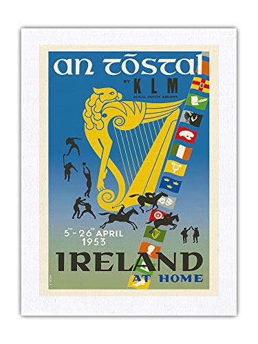 Irlanda - Una celebración Irlandesa Tóstal - KLM Royal Dutch Airlines - Póster Viaje Línea aérea de Auguste Melai c.1953 - Impresión de Arte Seda Pura Tela 46x61cm