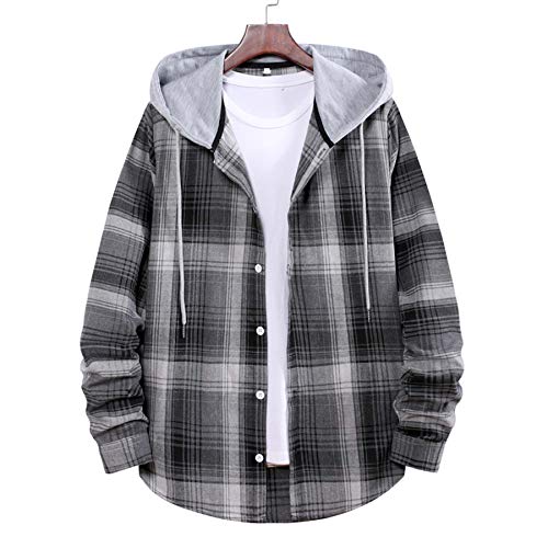 JCDZSW Nueva Pareja Camisa a Cuadros Camiseta de Manga Larga, Chaqueta de Camisa con Capucha Suelta Ocasional de los Hombres Gray-S