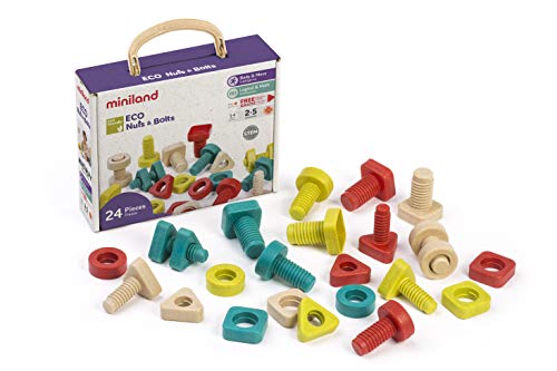 Miniland- Eco Nuts&Bolts-Tornillos y Tuercas Juego para niños de enroscar con Materiales sostenibles (32152)