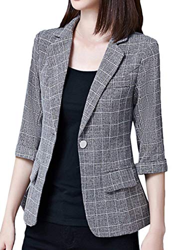 Mujer Corto Abrigos Elegantes Negocios Oficina Blazer Primavera Otoño Manga Larga De Solapa Delgado Informales Fashion Classic A Cuadros Camisa Chaqueta De Traje (Color : Schwarz+Grau, Size : SG)