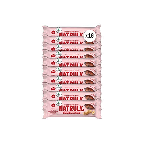 NATRULY Barritas Energéticas BIO Cacao + Cacahuete Sin Azúcar Añadido, 100% Natural y Orgánicas, Sin Gluten, Vegana -Pack 10x40g