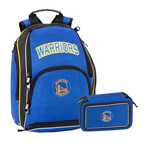 NBA Golden State Warriors Schoolpack - Mochila escolar organizada + Estuche 3 cremalleras completo de papelería