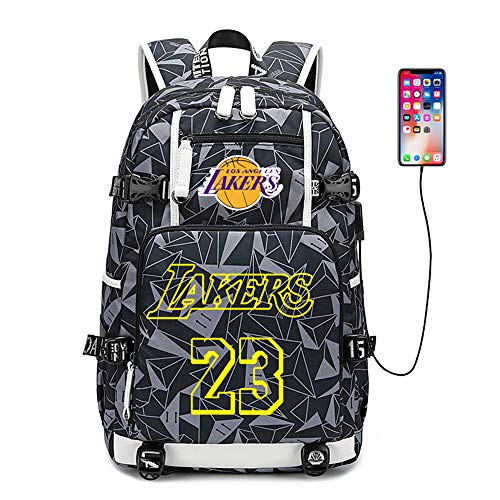 NBA Lakers Mochila Escolar Mochila de Baloncesto de Gran Capacidad USB Hombres y Mujeres Mochila A3