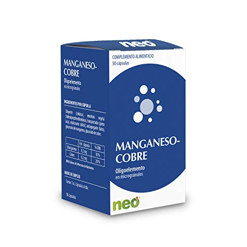 NEO | Manganeso + Cobre - 50 Cápsulas | Complemento Alimenticio Natural y Vegano para Reforzar la Memoria y Disminuir el Cansancio | Oligoelemento de Alta pureza | Tomar 1 o 2 Cápsulas al Día