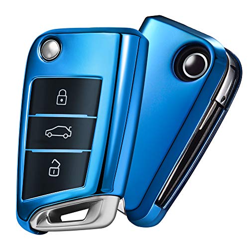 OATSBASF Funda para Llave VW, Funda Llave VW Golf 7-3 Botones para Coche VW MK7 Seat Skoda Carcasa de Llaves TPU (Azul)