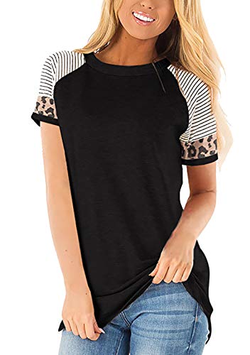 OMZIN - Camiseta de manga corta para mujer con estampado de leopardo, túnica, cuello redondo, tallas S-XXXL Negro XXL