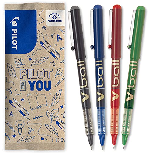 Pilot - Lote de 4 bolígrafos de tinta líquida V-Ball 07 - negro, azul, rojo y verde - punta mediana, 3131910583066