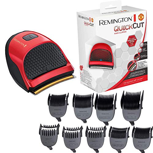 Remington QuickCut HC4255 - Cortapelos edición Manchester United, 9 peines guía, con Cable o inalámbrica, Toalla incluida, Rojo y Negro