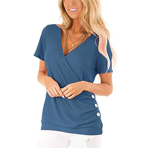 RISTHY Camiseta Manga Corta Camisa Mujer Casual Talls Grandes Suelto Camiseta de Oficina Camiseta Escote Pico con Botones Originales Color Sólido T-Shirt Tops Blusa Verano para Mujeres