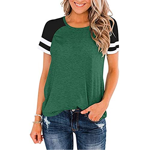 SLYZ Mujeres Europeas Y Americanas Primavera Y Verano Nuevas Blusas De Mujer Color Sólido Cuello Redondo Costura Camiseta De Manga Corta Mujer