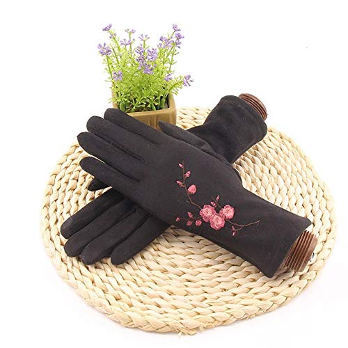 Winter Female Single Layer Warm Cashmere Full Finger Plum Pattern Mittens Women Suede Leather Touch Screen Driving Gloves - B15 Black,One Size