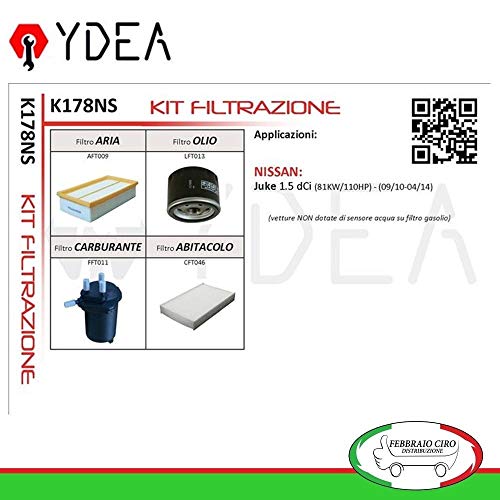 Ydea K178NS - Kit de filtros de filtración para Juke 1.5 dCi 81 KW/110 CV 09/10>04/14