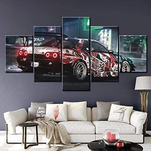 YFTNIPL 5 Piezas Lienzo Poster Vista Trasera del Nissan GTR Supercar Turbo Blanco HD Arte De La Pared Impresa Decoración Dormitorio El Hogar Pintura De La Lona Foto