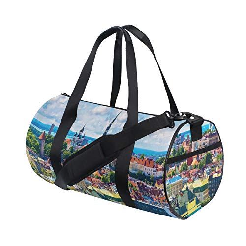 ZOMOY Bolsa de Deporte,Verano escénico del Casco Antiguo Vibrante Paisaje Europeo con diseño Urbano Sky,Nuevo de Cubo de impresión Bolsas de Ejercicios Bolsa de Viaje Equipaje Bolsa de Lona