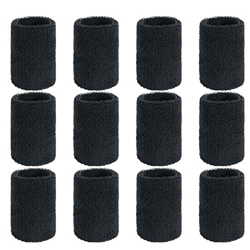 ZWOOS 12 Piezas Muñequeras Deportivas Pulseras Sweatband para el Tenis Calabacín Bádminton Gimnasio Baloncesto (Negro)