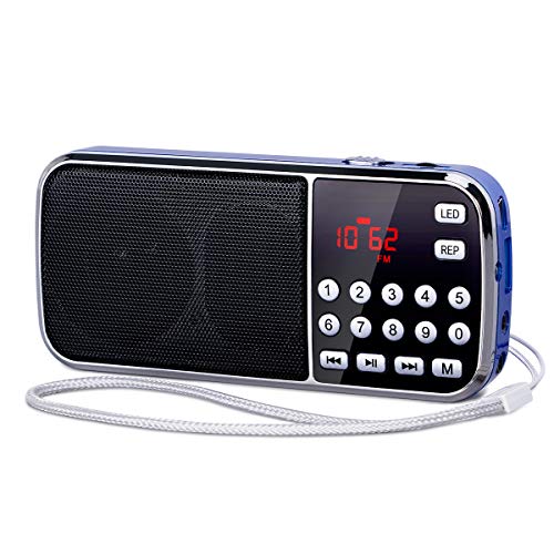 [Actualizado] PRUNUS J-189 Am/FM Radio Portatil Pequeña, Radio Bluetooth con Doble de Altavoces Graves Profundos, Reproductor de TF/USB/AUX / MP3, Linterna LED, con Pilas Recargables (Azul)