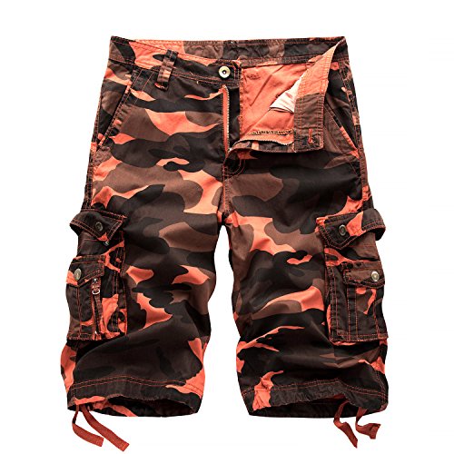 AYG Algodón ocasional sólido Slim Fit Multi bolsillo cargo Pantalones cortos para Hombres W34(ES 44)/34"Cintura Rojo(brick Red Camo)
