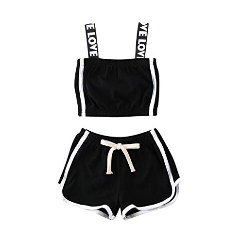 Bebé Niñas Pequeñas Ropa Deportiva 2 Piezas Conjunto de Deporte Crop Top Camiseta Corta sin Manga Pantalones Largos/Cortos Shorts 2 PCS Traje de Moda Chándal Verano para Yoga Fitness Negro 2-3 Años