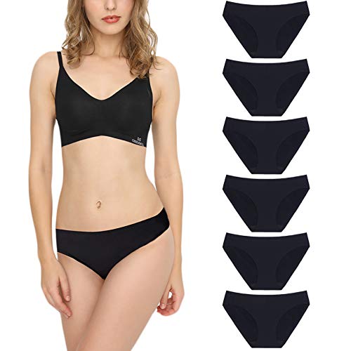 Bragas Mujer sin Costuras Invisible Señoras Braguitas Low Rise Suave Ligera Bikini Braguitas, Pack de 6 Negro M