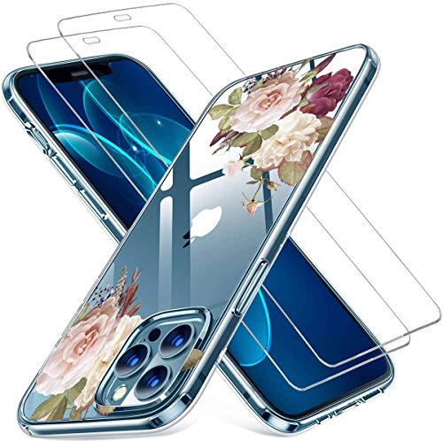 BSLVWG Funda compatible con iPhone 12 Pro Max con protector de pantalla, diseño de flores transparente, carcasa rígida con parachoques de TPU suave para iPhone 12 Pro Max de 6,7 pulgadas (rosa blanca)