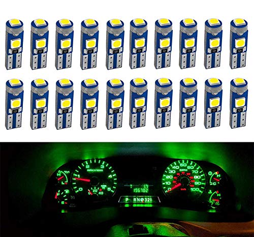 DEFVNSY 20pcs Verde T5 W3W 73 74 286 17 57 27 70 86 2721 Super Brillante 3-3030SMD Bombilla LED para indicador de cuña Lateral del Coche Tablero de Instrumentos Lámpara de Luces 12V