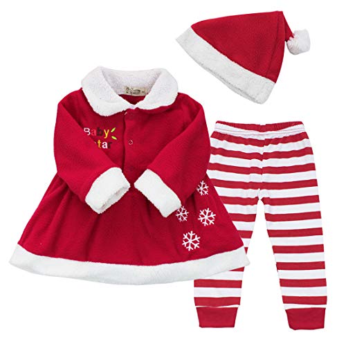 dPois Vestido Chaqueta de Lana para Bebé Niña Tutú Nieve Traje de Navidad Fiesta Cumpleaños Ropa Infantil Recién Nacido Conjunto Gorro + Vestido + Pantalones Rayas Disfraces Rojo 9-12 Meses