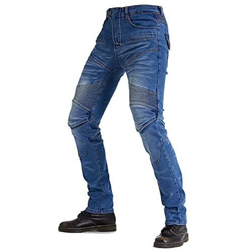 KAISUN Hombres Motocicleta Pantalones con 4 Almohadillas Protectoras Desmontables, Pantalones de Carreras Estilo Casual Resistentes a Roturas (Azul,XL)