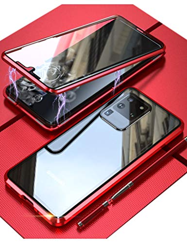 KumWum Protectora Pantalla Funda para Samsung Galaxy S20 Ultra 5g Vidrio Templado Frontal y Posterior Transparente Completa Case Protector de Lente Incorporado Magnética - Rojo