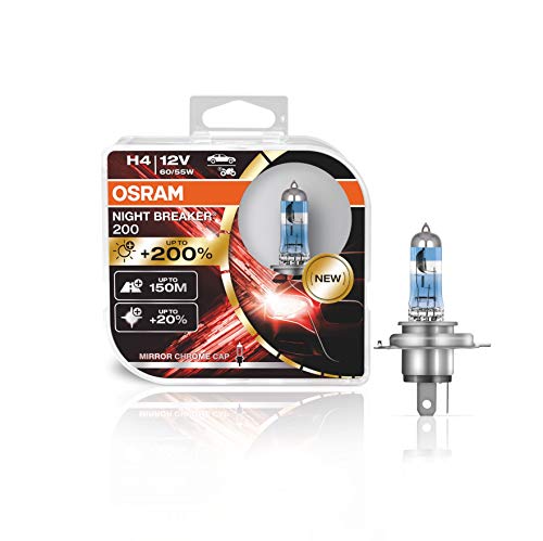 OSRAM NIGHT BREAKER 200, H4, + 200% más de luz, lámpara de faro halógena, 64193NB200-HCB, 12 V, caja dúo (2 lámparas)