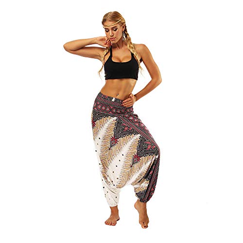 Pantalones Deportivos de Mujer Casual Summer Boho Print Pantalones de Yoga Sueltos Baggy Harem Vintage Pantalones de Cintura Alta Spodnie Damskie Mujer-Blanco_Un tamaño