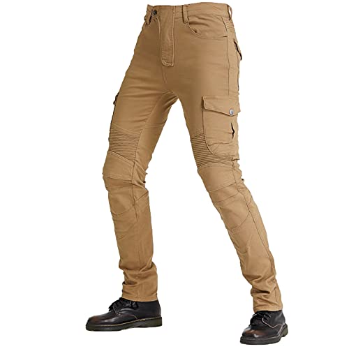 Pantalones deportivos para moto, con protectores en las rodillas y las caderas, elásticos, slim fit, vaqueros, resistentes al viento, transpirables (color caqui, M)