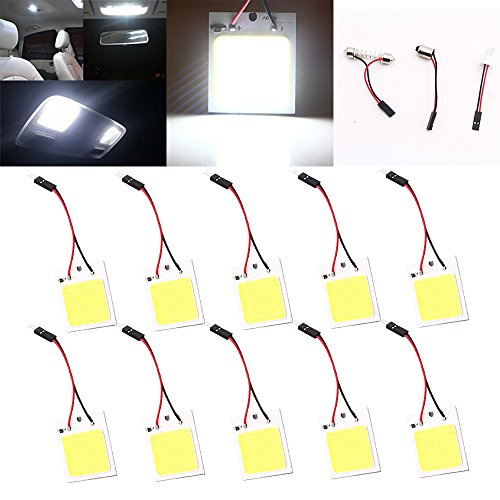 Qasim® COB 48-SMD LED Panel Lámpara de techo de coche, lectura interior, luz de placa, techo de techo, lámpara de mapa con adaptadores BA9S T10 Festoon (Pack de 10)