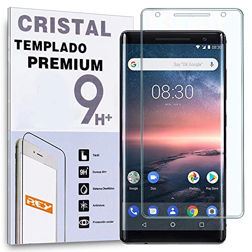 REY Protector de Pantalla Curvo para Nokia 8 Sirocco, Transparente, Cristal Vidrio Templado Premium, 3D / 4D / 5D