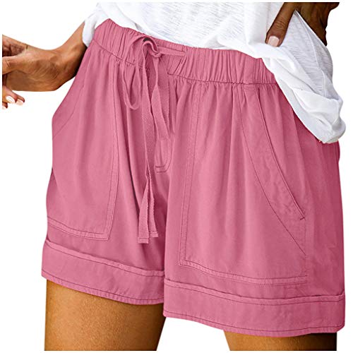 SHOBDW Pantalones Cortos elásticos de la Playa de la impresión de la Raya de Las Mujeres del Verano de la Cintura Alta Pantalones Cortos Flojos de la Playa del Dril de algodón (XL, Gris-3)